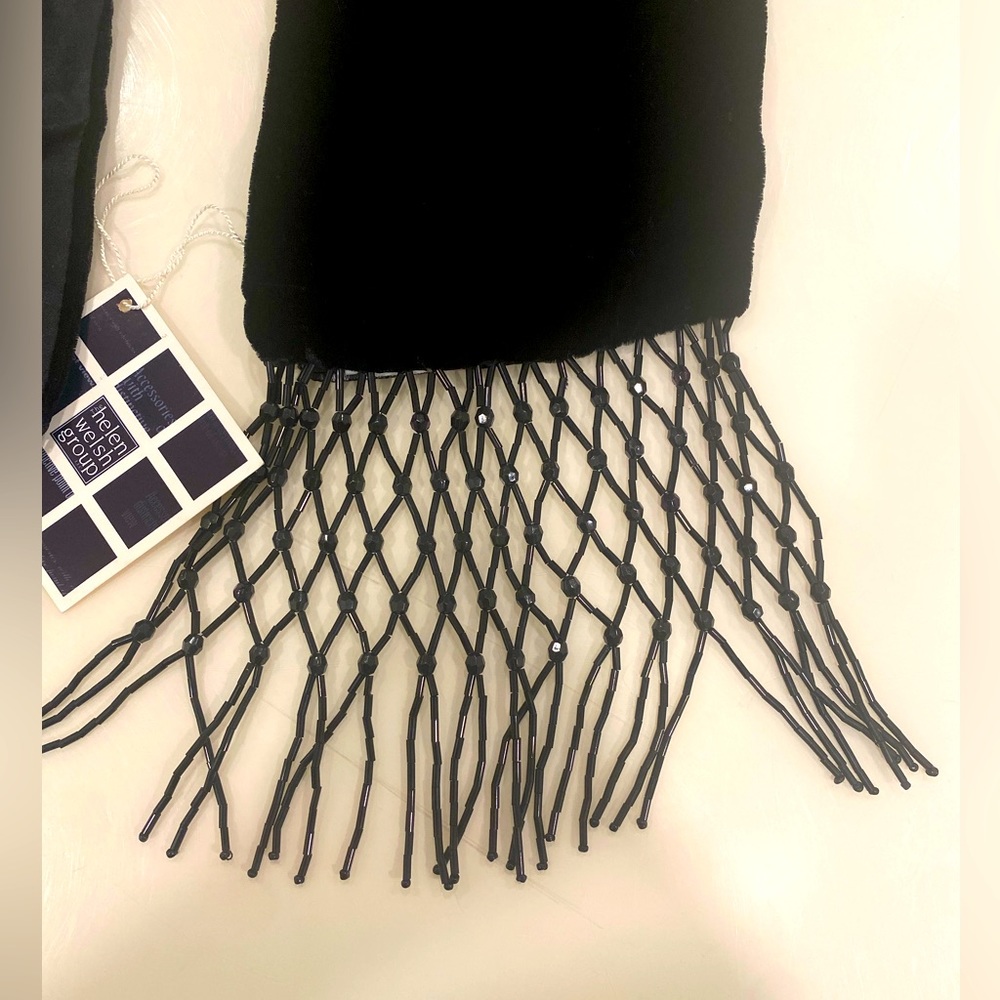 Black Silk blended velvet embroidery scarf w/beads fringe.